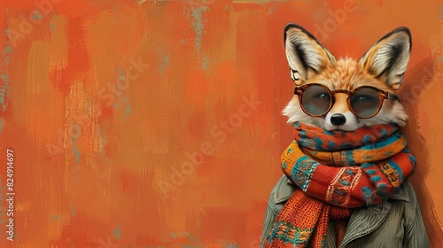  A painting of a fox wearing sunglasses, a scarf around its neck, and another scarf draped elegantly around its neck