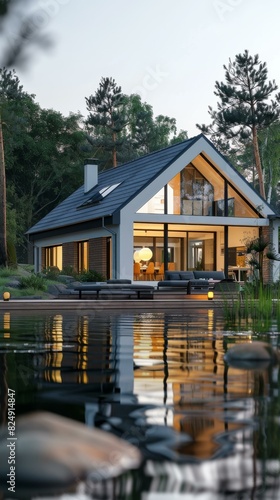 Modern house with large glass windows and a pond in front © Adobe Contributor