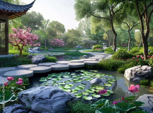 Tranquil Japanese Garden with Pond and Bridge photo