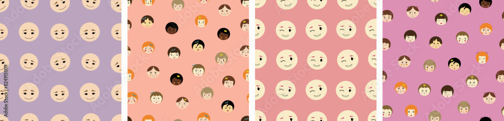 Four surface patterns, pleasant girlish faces. Multicolor repeating backdrops, woman visage, continuous design with creative shapes. Four surface patterns, pleasant girlish faces. Multicolor repeating backdrops, woman visage, continuous design with creative shapes.