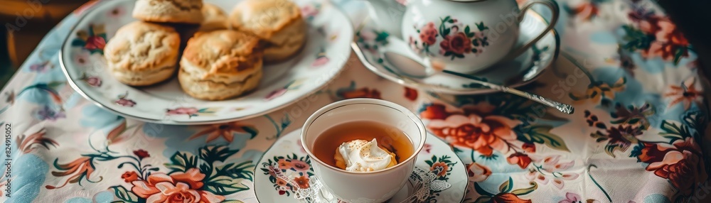 A cup of traditional English afternoon tea with a tea pot, scones, and clotted cream on a floral tablecloth