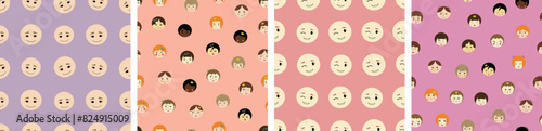 Four surface patterns, pleasant girlish faces. Multicolor repeating backdrops, woman visage, continuous design with creative shapes.