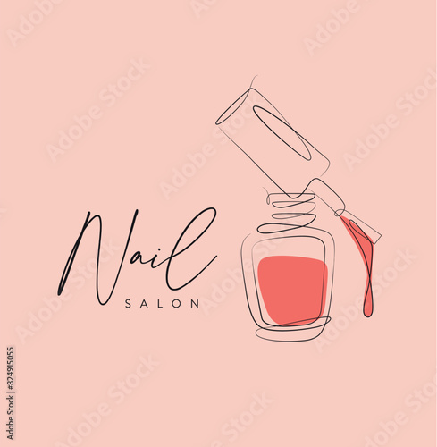 Obraz na płótnie Nail polish pink bottle with brush and lettering salon drawing in linear style on peach background w salonie