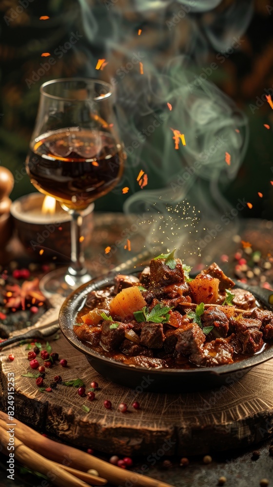 A dish of Ethiopian tibs with a glass of honey wine