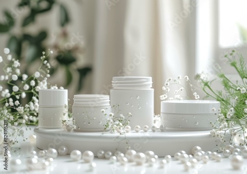 White Cosmetic Jars with Pearl   Flower Accents