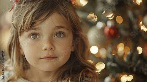 Little Girl with Freckles Gazing at the Christmas Tree