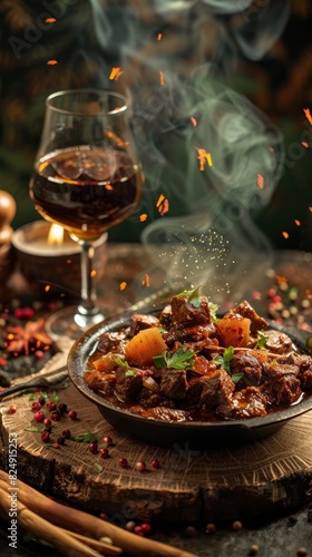 A dish of Ethiopian tibs with a glass of honey wine