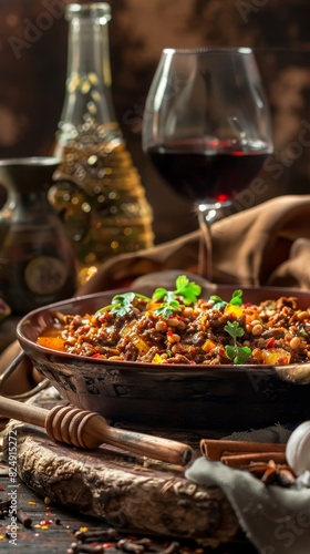 A dish of Ethiopian tibs with a glass of honey wine