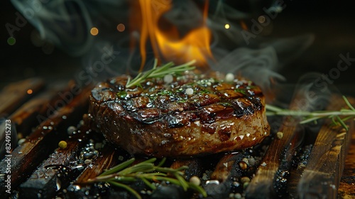   A close-up of a sizzling steak on a grill, surrounded by billowing smoke photo