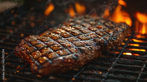   A steak sizzles on a grill against fiery background, highlighting the grate below photo