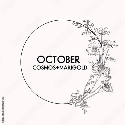 Obraz na płótnie October birth month flower wreath, cosmos and marigold flower border, vector hand drawn isolated line art botanical frame for greeting cards and invitations w salonie
