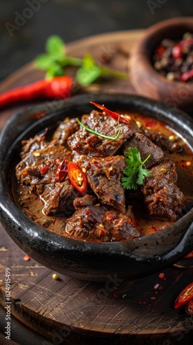 A dish of Indonesian rendang with tender beef in a rich, spicy coconut sauce in a traditional Indonesian home photo