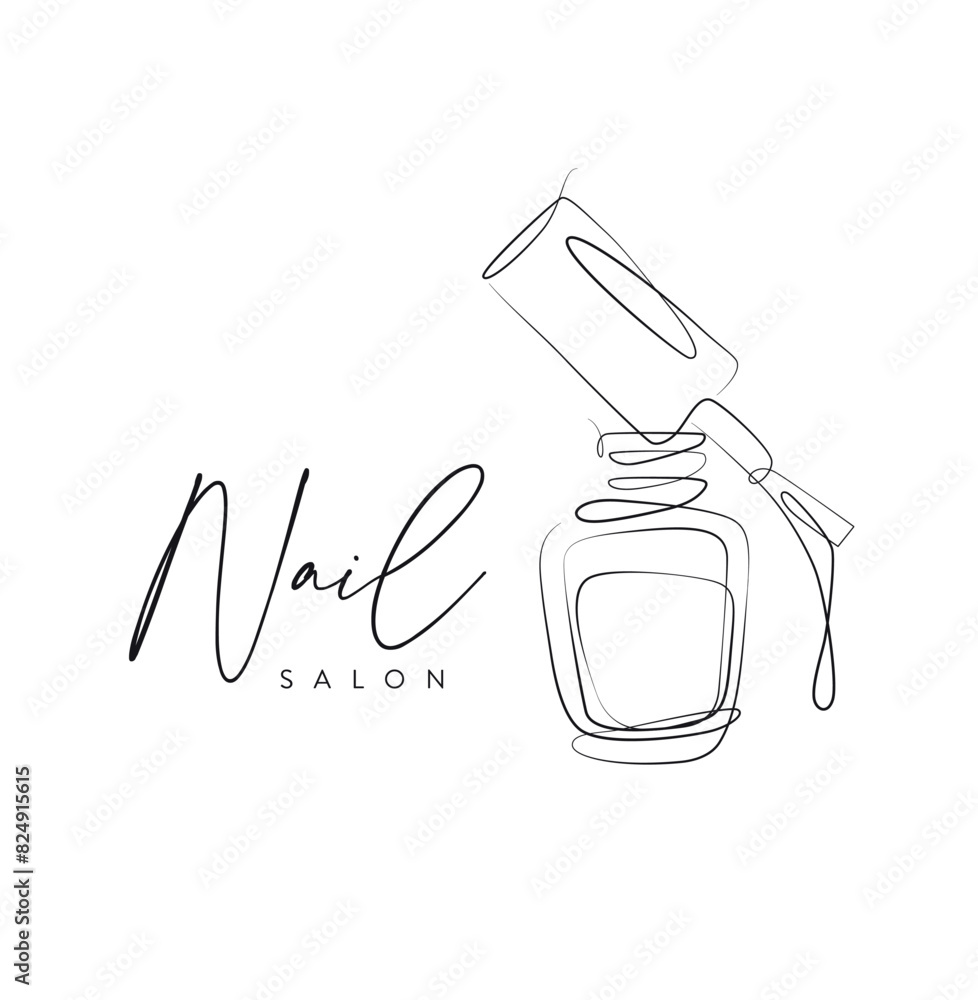 Nail polish pink bottle with brush and lettering salon drawing in linear style on white background