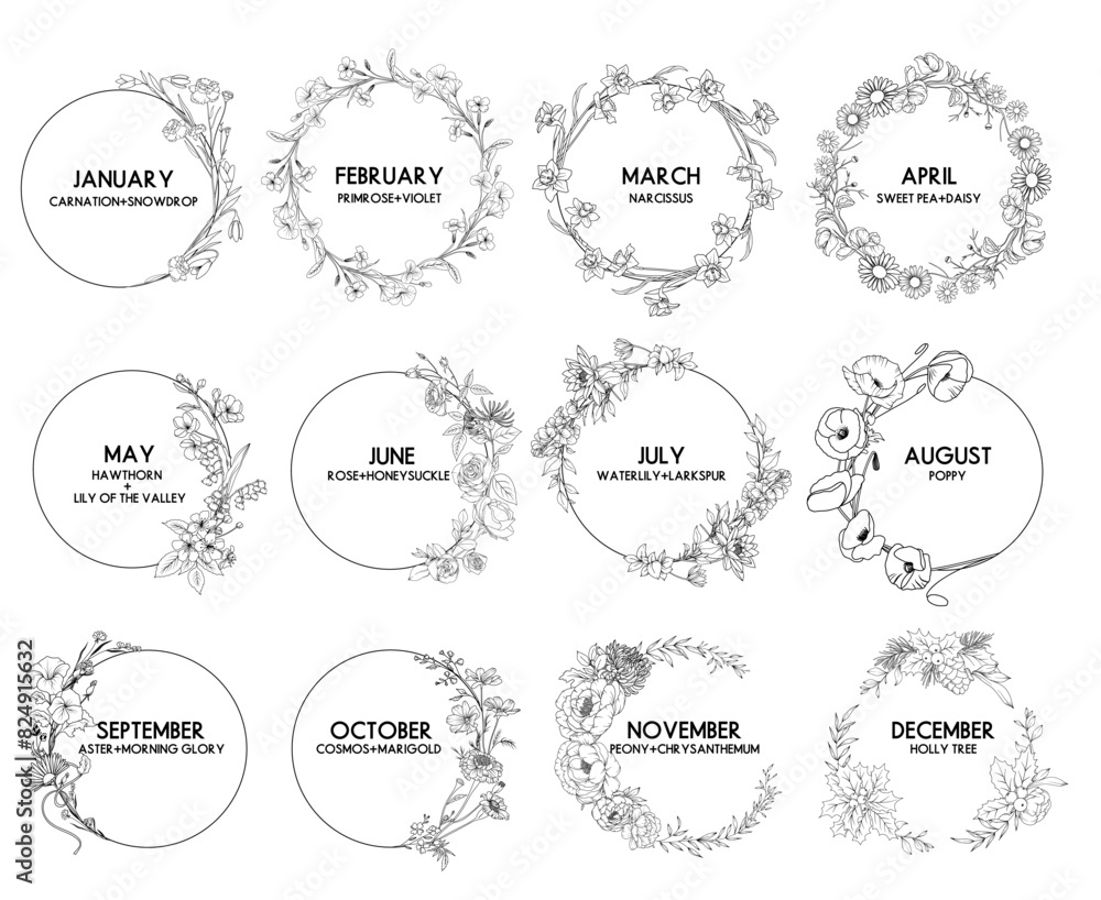 Birth month flower wreaths set, vector hand drawn isolated line art botanical frames for greeting cards and invitations