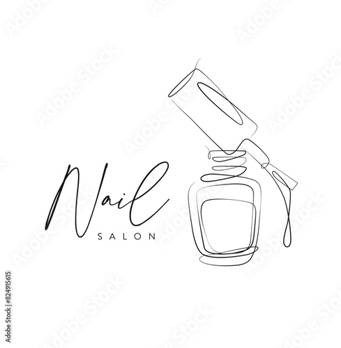Obraz na płótnie Nail polish pink bottle with brush and lettering salon drawing in linear style on white background w salonie
