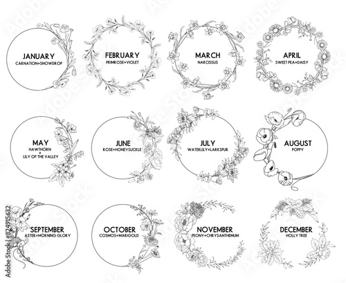 Birth month flower wreaths set, vector hand drawn isolated line art botanical frames for greeting cards and invitations