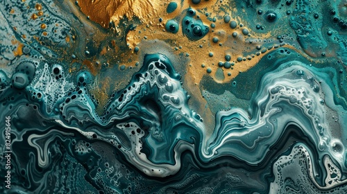 Wallpaper Mural Abstract fluid art in teal, blue, and gold with intricate patterns and swirls. Vivid colors and dynamic textures evoke a sense of movement and energy. Torontodigital.ca