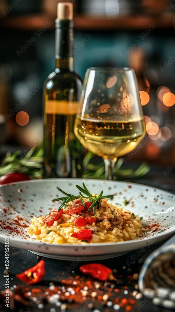 A dish of Italian risotto with a glass of white wine A dish of Italian risotto with a glass of white wine