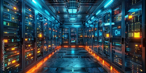 Futuristic server room with blue and orange lights photo