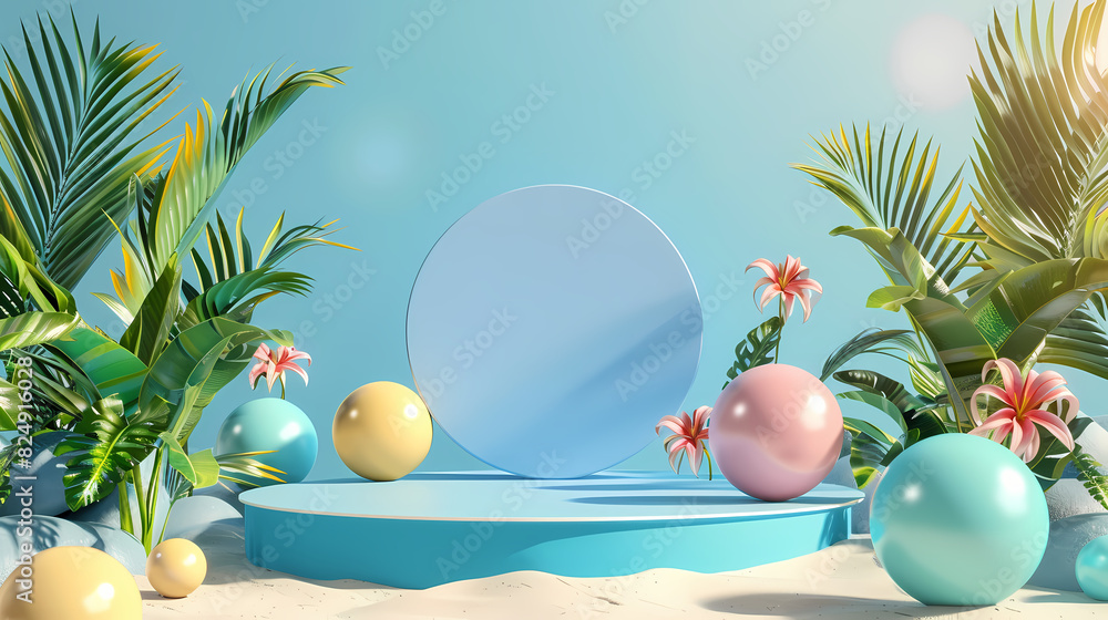 Blue podium or pedestal for products or advertising on tropical background with beach balls, 3d render