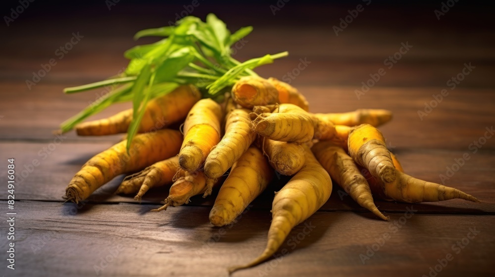 fresh turmeric with green leaves still attached, placed on a dark wooden surface fresh turmeric with green leaves still attached, placed on a dark wooden surface