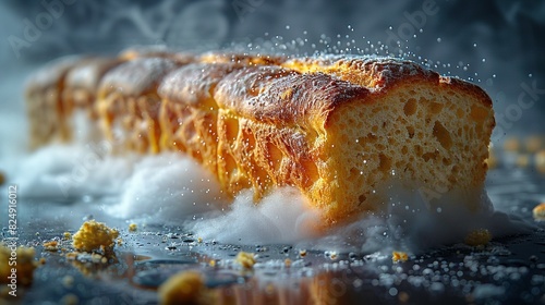   An image of bread, dusted with powdered sugar, and sprinkled with orange zest, resting atop an orange-laden table photo