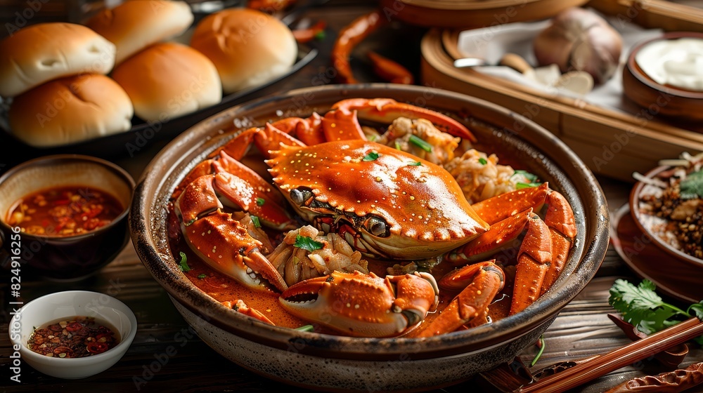 A dish of Singapore chili crab with a tangy, spicy sauce and steamed buns in a vibrant seafood restaurant A dish of Singapore chili crab with a tangy, spicy sauce and steamed buns in a vibrant seafood restaurant