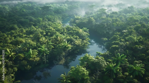 Create an aerial perspective of a tropical rainforest canopy  showcasing lush foliage  winding rivers  and diverse wildlife hidden within the dense greenery