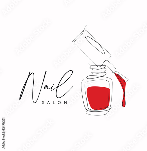 Nail polish red bottle with brush and lettering salon drawing in linear style on white background