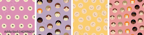 Collection of four creative patterns, cutely girlish faces. Repeating prints, swatch bundle, female look, simple cute shapes, flat vector.