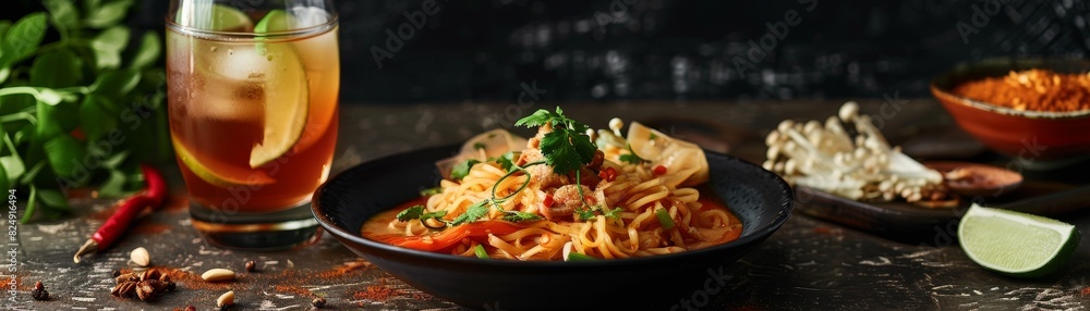 A dish of Thai khao soi with a glass of iced Thai tea A dish of Thai khao soi with a glass of iced Thai tea
