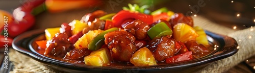 A dish of sweet and sour pork with colorful bell peppers and pineapple chunks in a Chinese family restaurant photo