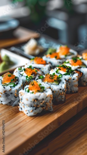 A beautiful arrangement of delicious sushi rolls on a decorative plate, bathed in natural light, highlighting their freshness and enticing appearance.