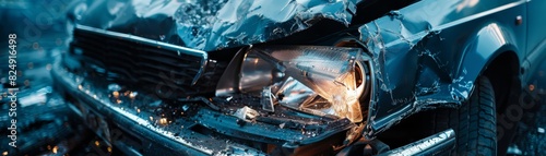 Close-up of a heavily damaged car front after an accident under a cloudy sky, showcasing wreckage, insurance concept, and safety alert. photo