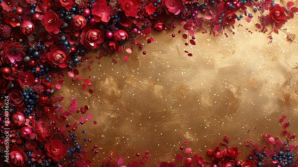 Red roses and blue berries on gold background with name space Red roses and blue berries on gold background with name space