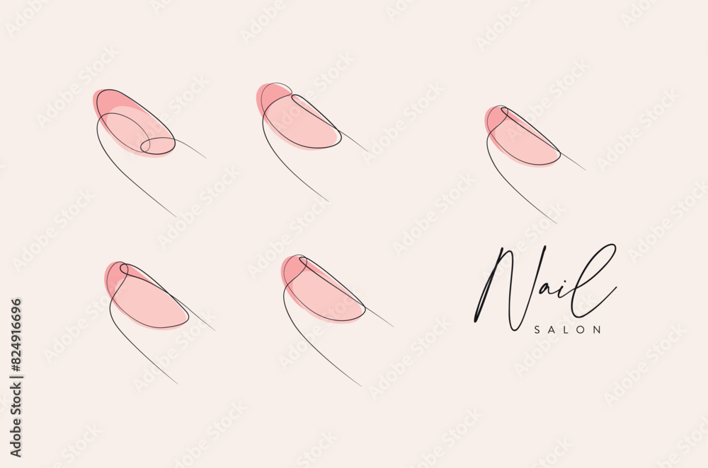 Woman fingers with pink round nails drawing in linear style on beige background