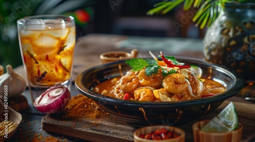 A dish of Thai massaman curry with a glass of Thai iced tea photo