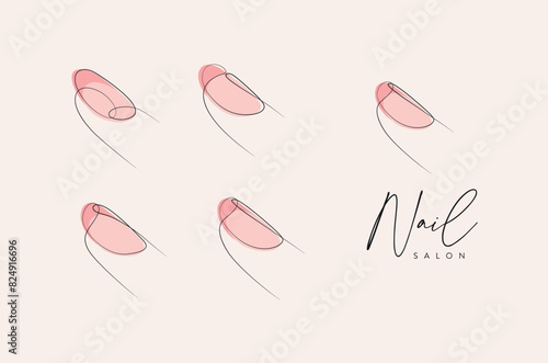 Obraz na płótnie Woman fingers with pink round nails drawing in linear style on beige background w salonie