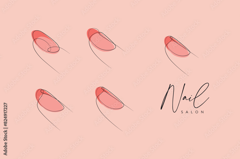 Woman fingers with pink round nails drawing in linear style on peach background