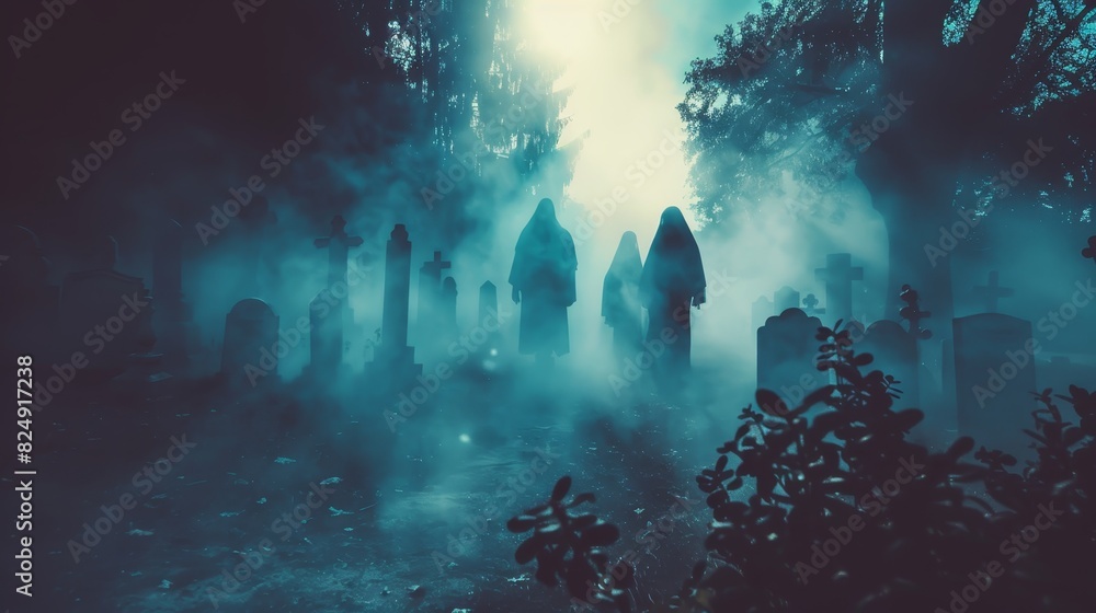 Eerie foggy graveyard with ghostly figures, creating a haunting and mysterious atmosphere perfect for Halloween or horror-themed projects.