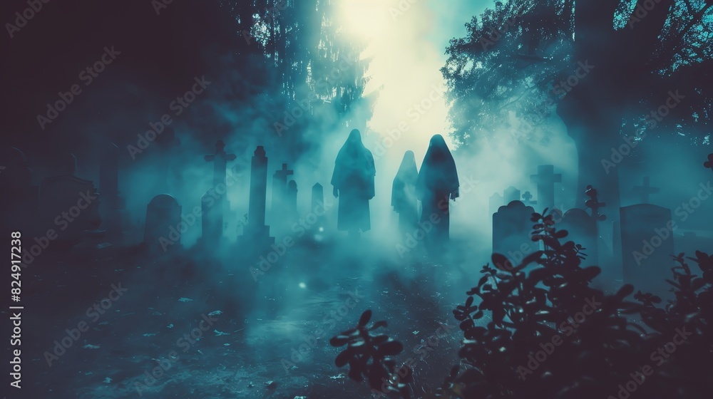Eerie foggy graveyard with ghostly figures, creating a haunting and mysterious atmosphere perfect for Halloween or horror-themed projects. Eerie foggy graveyard with ghostly figures, creating a haunting and mysterious atmosphere perfect for Halloween or horror-themed projects.
