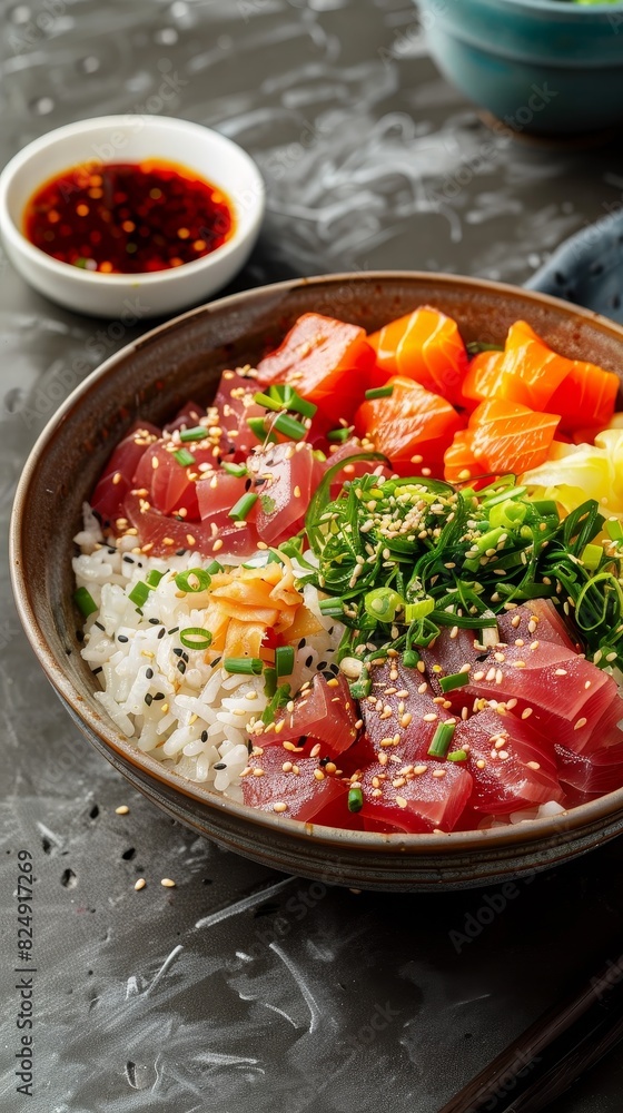 A fresh, colorful poke bowl with sashimi, seaweed salad, and rice, garnished with sesame seeds and scallions, presented on a modern, minimalist table