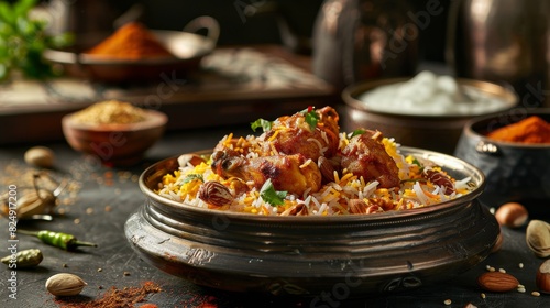 A fragrant dish of chicken biryani with saffron rice  roasted nuts  and raita on the side in an Indian dining setting