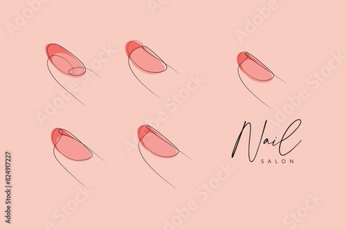 Obraz na płótnie Woman fingers with pink round nails drawing in linear style on peach background w salonie