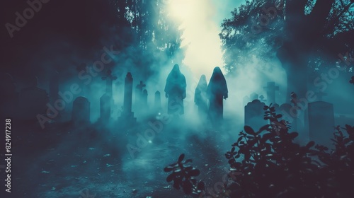 Eerie foggy graveyard with ghostly figures, creating a haunting and mysterious atmosphere perfect for Halloween or horror-themed projects. © Rattanathip