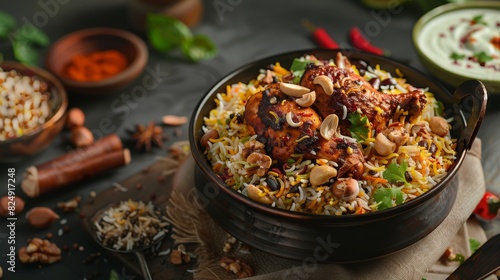 A fragrant dish of chicken biryani with saffron rice, roasted nuts, and raita on the side in an Indian dining setting