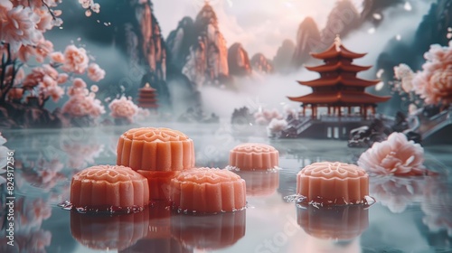 Chinese Mid Autumn Festival Mooncakes Floating on Water photo