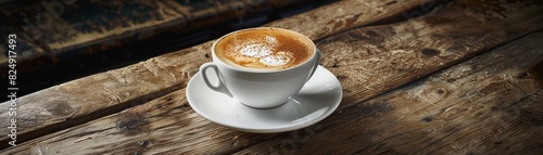 A frothy cappuccino with latte art served in a white cup on a rustic wooden table in an Italian cafe