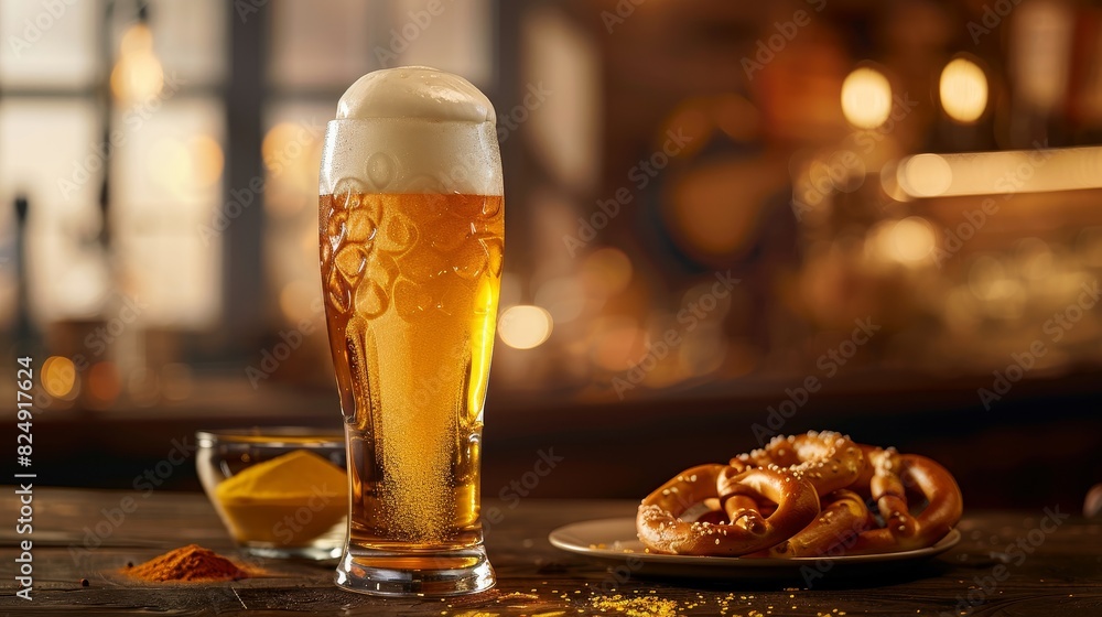 A frothy German weissbier in a tall glass, paired with a plate of pretzels and mustard at a beer garden A frothy German weissbier in a tall glass, paired with a plate of pretzels and mustard at a beer garden