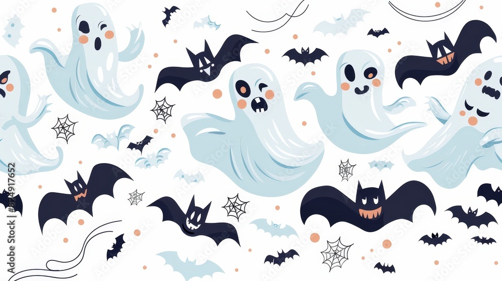 Obraz premium Fun and spooky Halloween pattern with playful ghosts, bats, and spider webs on a white background, perfect for festive decorations.